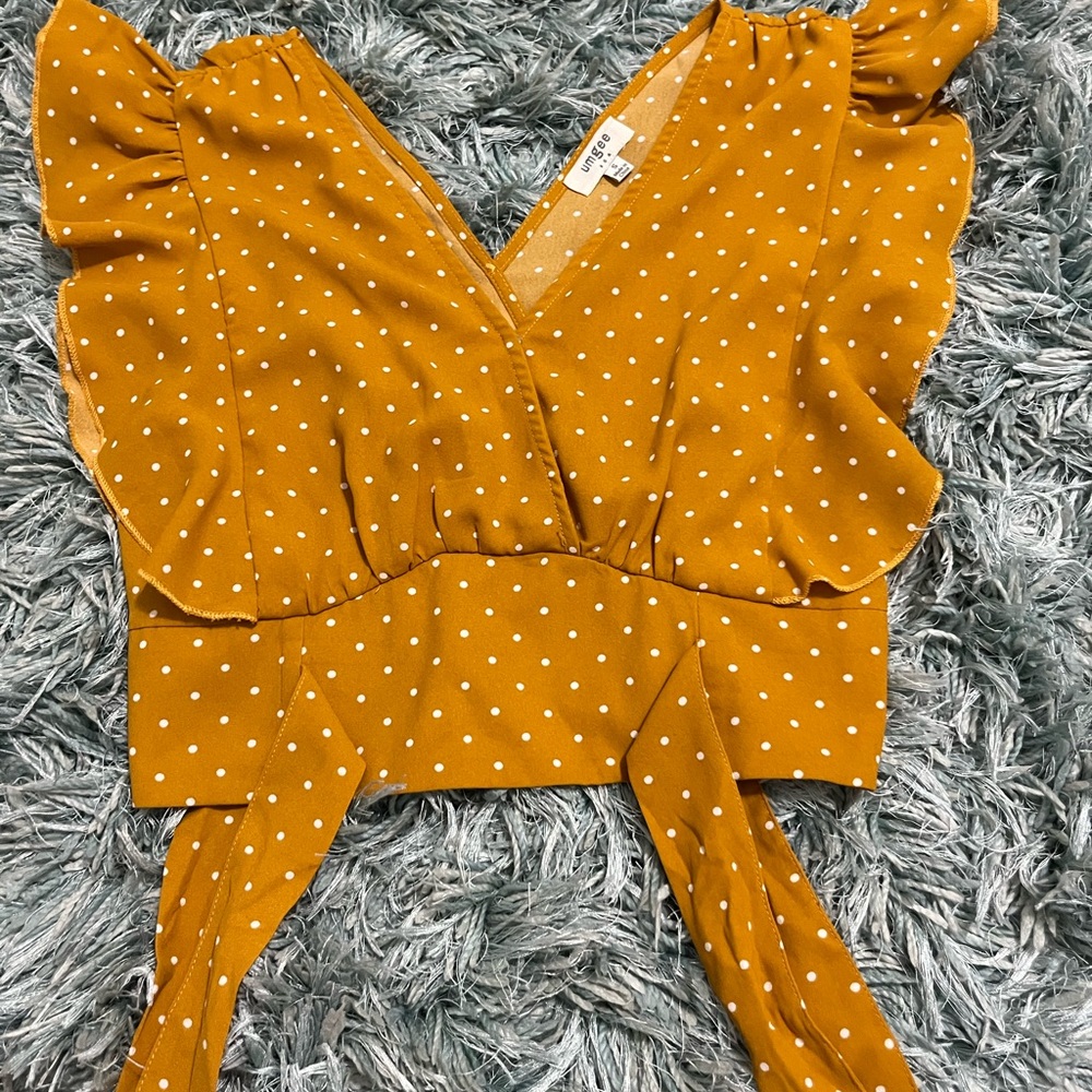Umgee Mustard Polka Dot Ruffle Blouse